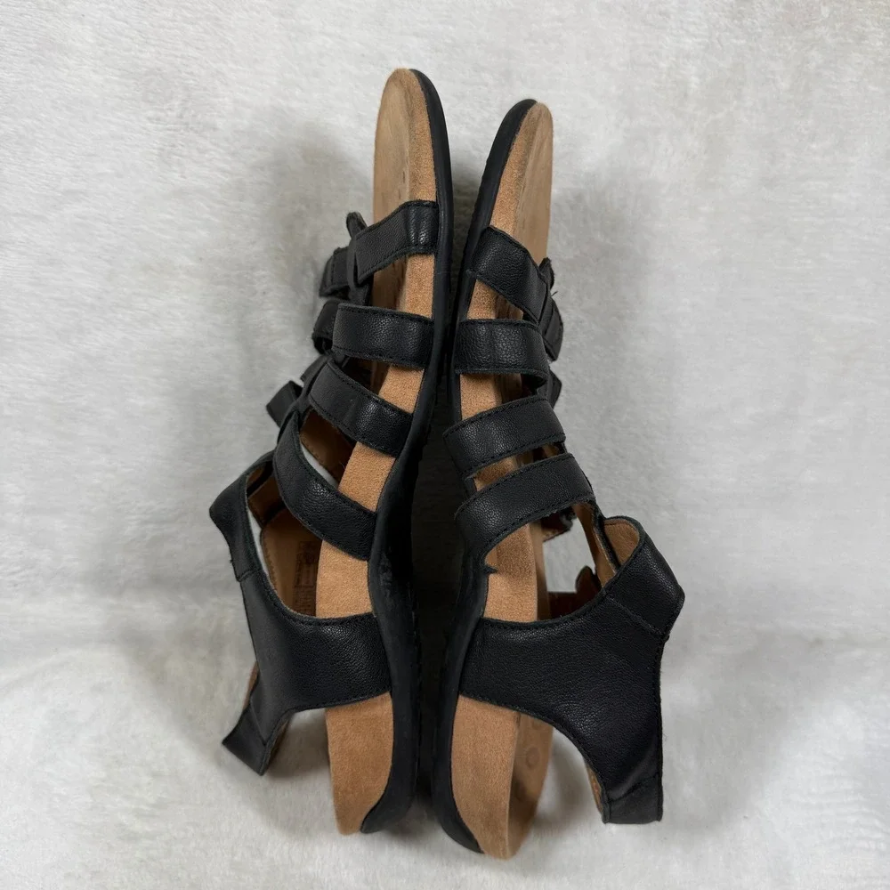 Vionic Amber Black Leather Adjustable Strappy Orthaheel Comfort Sandals Womens 9